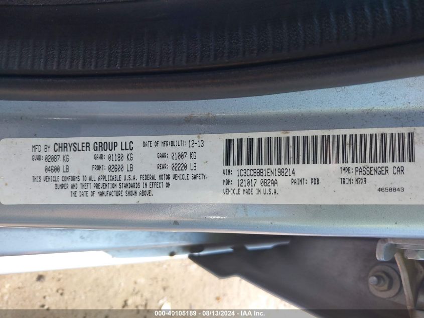 2014 Chrysler 200 Touring VIN: 1C3CCBBB1EN198214 Lot: 40105189