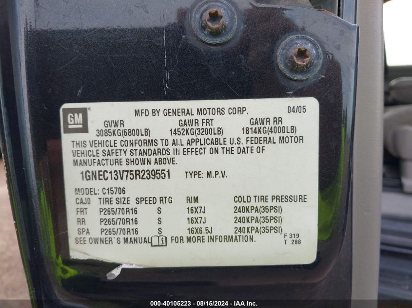 2005 Chevrolet Tahoe Ls VIN: 1GNEC13V75R239551 Lot: 40105223