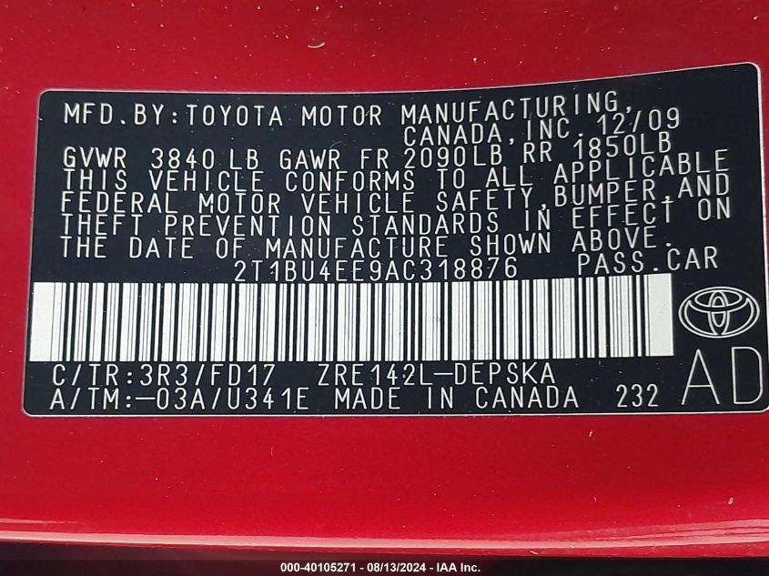 2010 Toyota Corolla S VIN: 2T1BU4EE9AC318876 Lot: 40105271