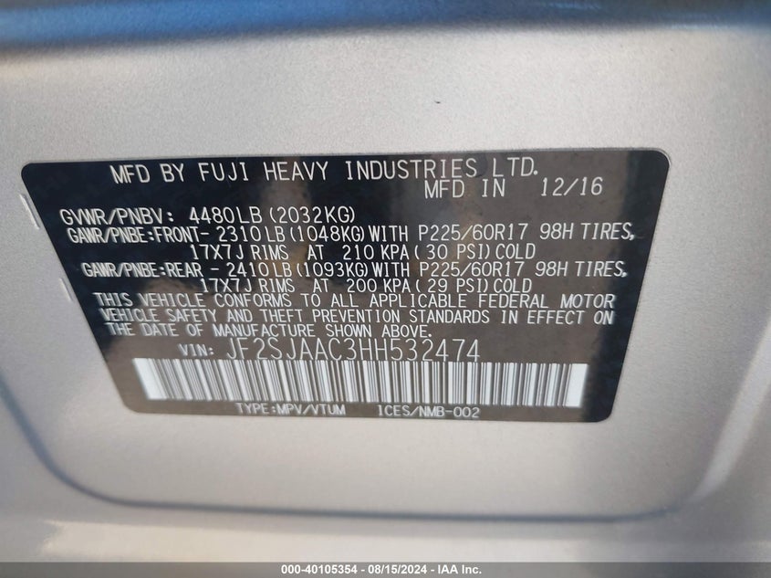 VIN JF2SJAAC3HH532474 2017 SUBARU FORESTER 2.5I