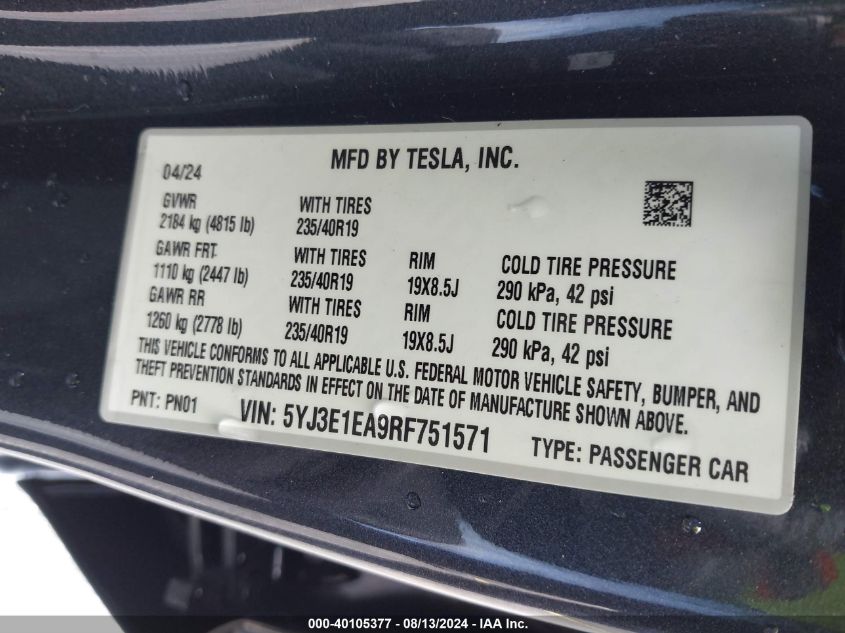 5YJ3E1EA9RF751571 2024 Tesla Model 3 Rear-Wheel Drive