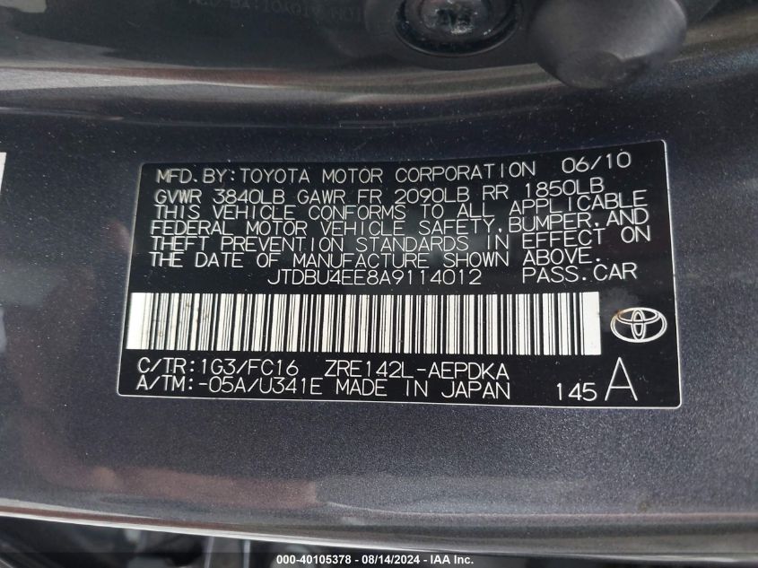 2010 Toyota Corolla Le VIN: JTDBU4EE8A9114012 Lot: 40105378