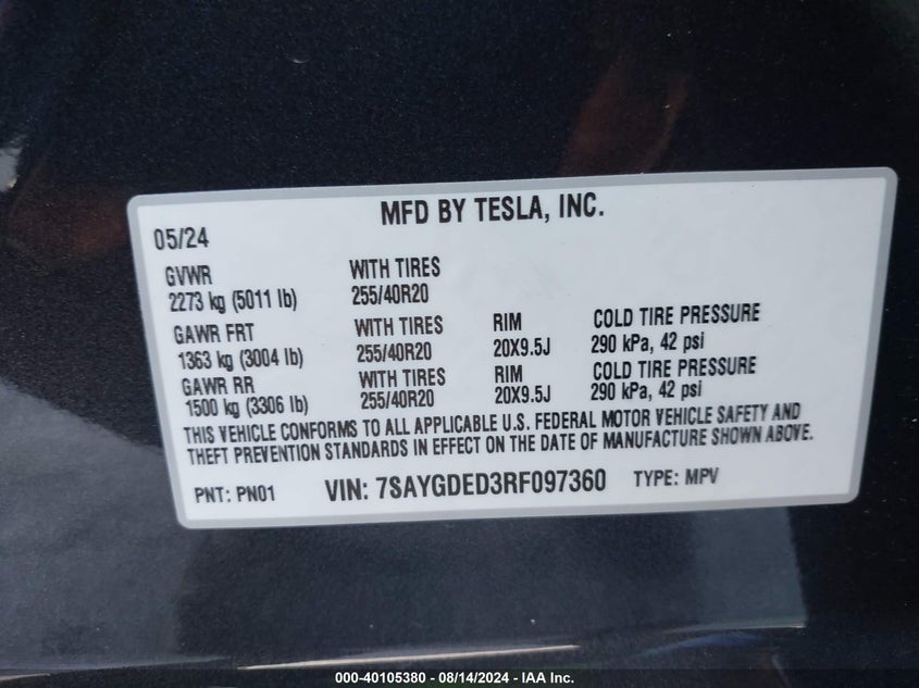 VIN 7SAYGDED3RF097360 2024 TESLA MODEL Y