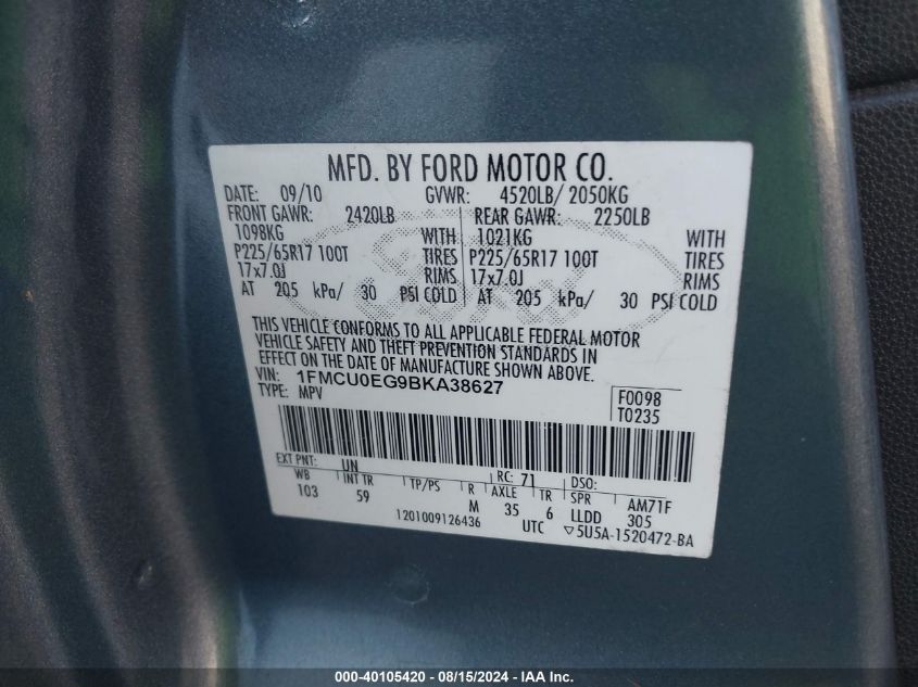 2011 Ford Escape Limited VIN: 1FMCU0EG9BKA38627 Lot: 40105420