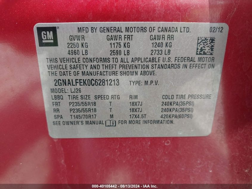 2012 Chevrolet Equinox Ltz VIN: 2GNALFEK0C6281213 Lot: 40105442