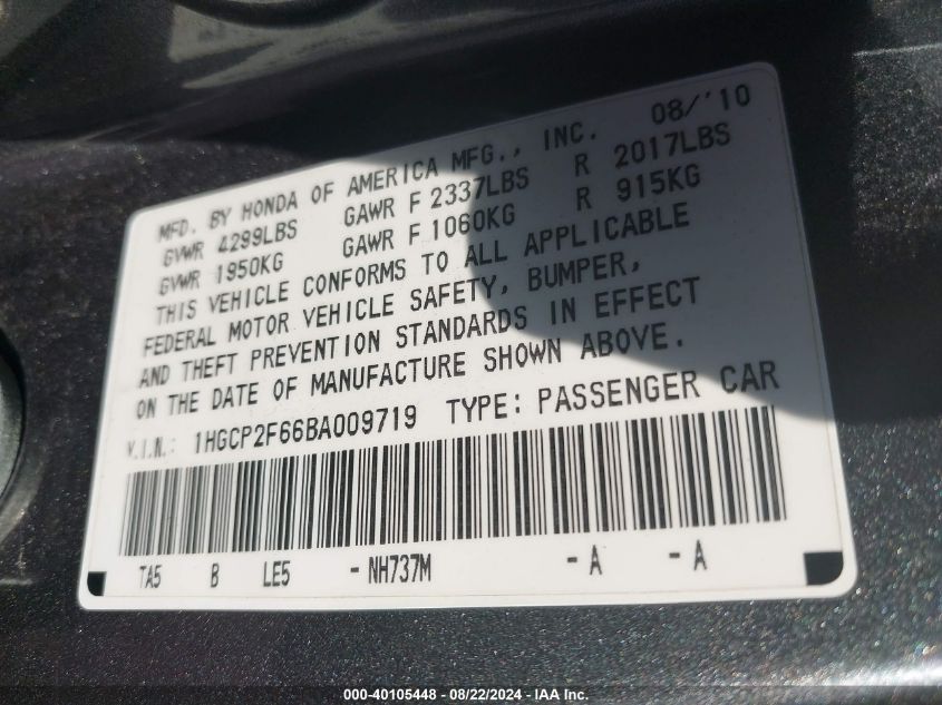 1HGCP2F66BA009719 2011 Honda Accord 2.4 Se