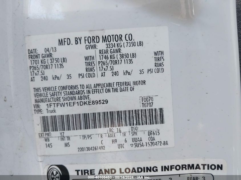 2013 Ford F-150 Xlt VIN: 1FTFW1EF1DKE89529 Lot: 40105453