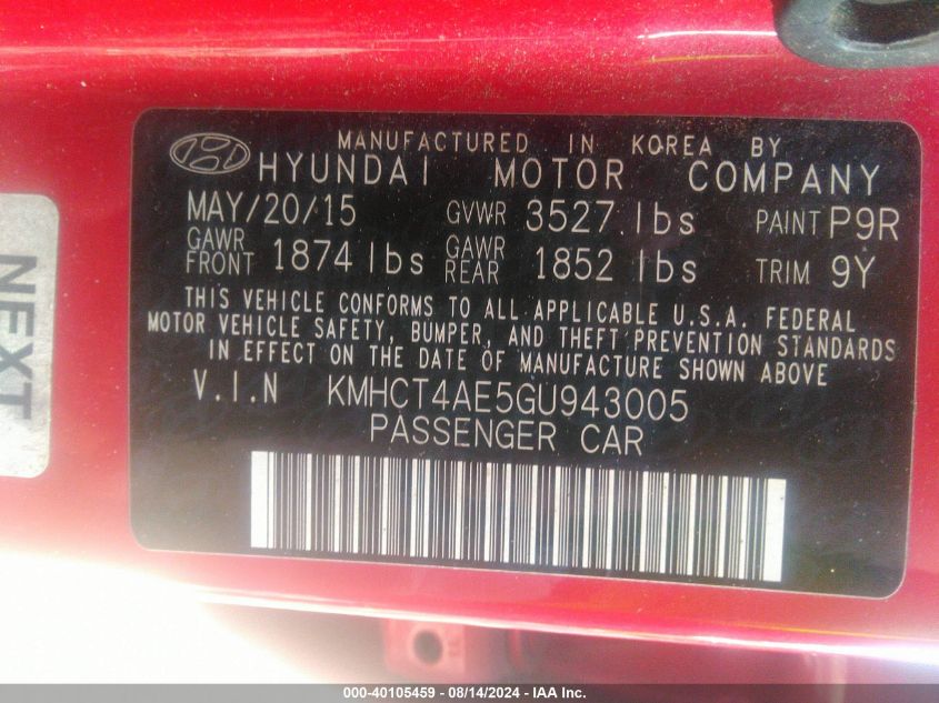 2016 Hyundai Accent Se VIN: KMHCT4AE5GU943005 Lot: 40105459