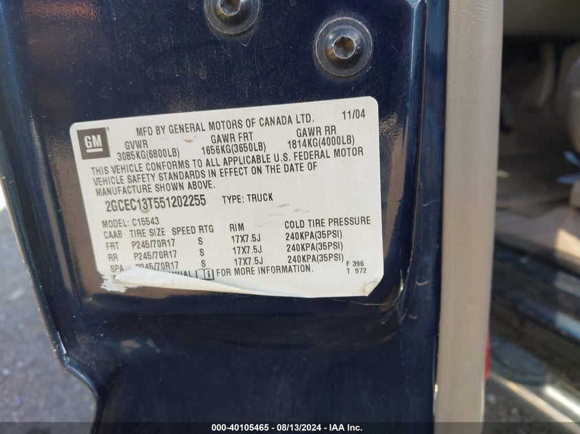 2005 Chevrolet Silverado 1500 Ls VIN: 2GCEC13T551202255 Lot: 40105465