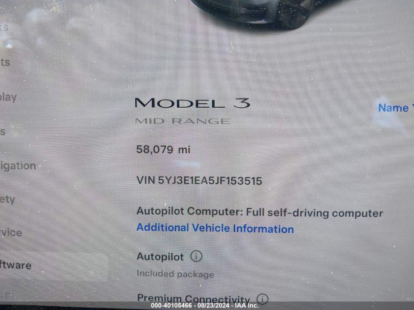 2018 Tesla Model 3 VIN: 5YJ3E1EA5JF153515 Lot: 40105466