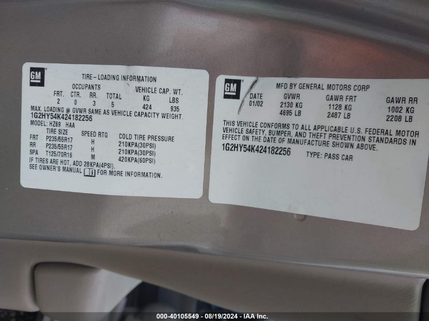 2002 Pontiac Bonneville Sle VIN: 1G2HY54K424182256 Lot: 40105549