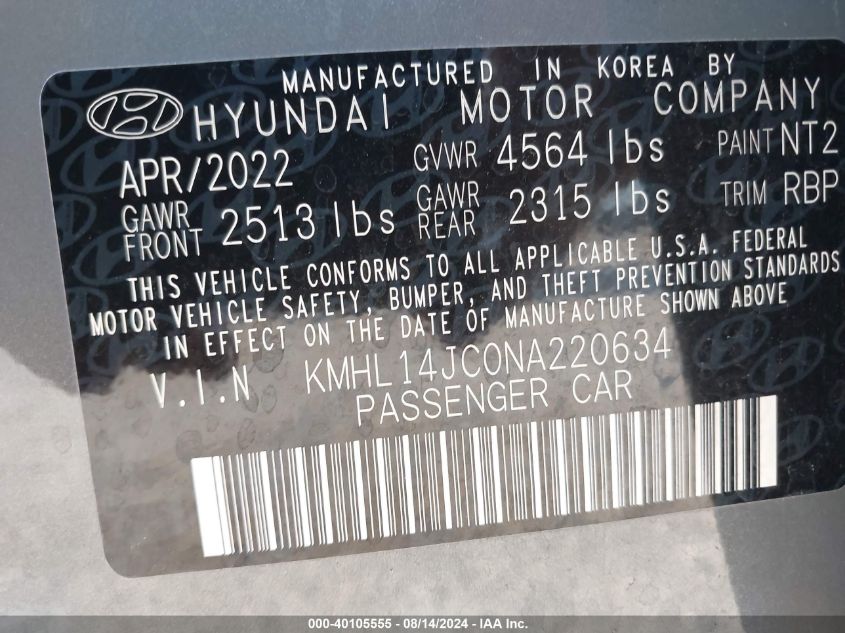 2022 Hyundai Sonata N Line VIN: KMHL14JC0NA220634 Lot: 40105555