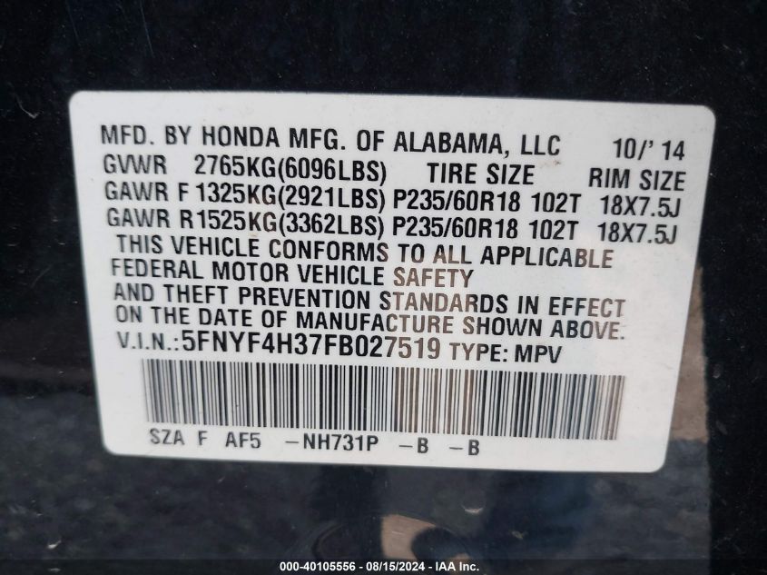 5FNYF4H37FB027519 2015 Honda Pilot Se