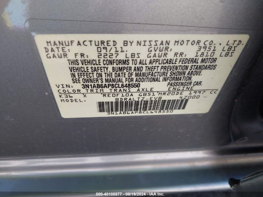 2012 Nissan Sentra 2.0 S VIN: 3N1AB6AP8CL648550 Lot: 40105577