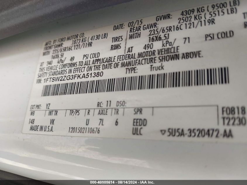 2015 Ford Transit-350 VIN: 1FTSW2ZG3FKA51380 Lot: 40105614