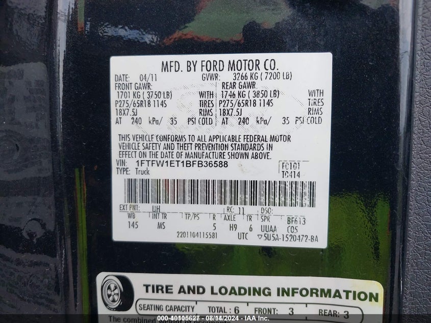 2011 Ford F-150 Xlt VIN: 1FTFW1ET1BFB36588 Lot: 40105627