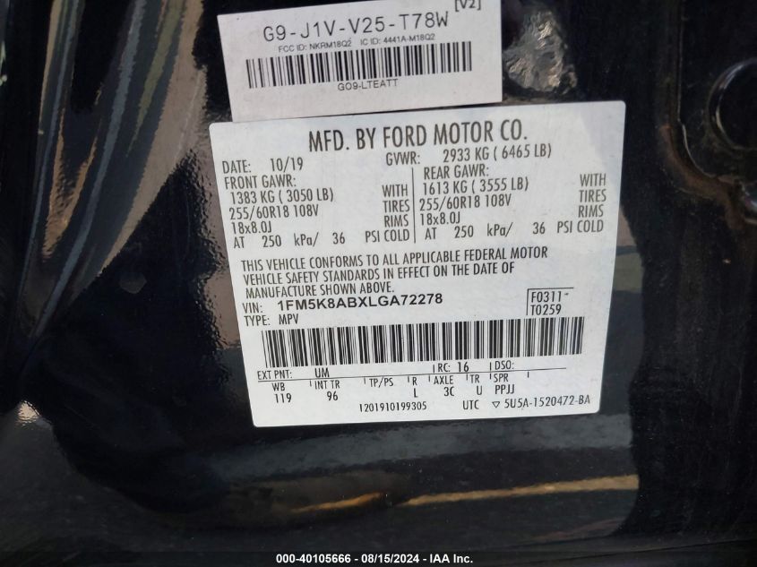 2020 Ford Police Interceptor Utility VIN: 1FM5K8ABXLGA72278 Lot: 40105666