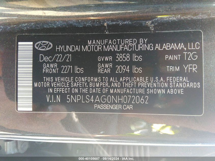 5NPLS4AG0NH072062 2022 Hyundai Elantra Sel