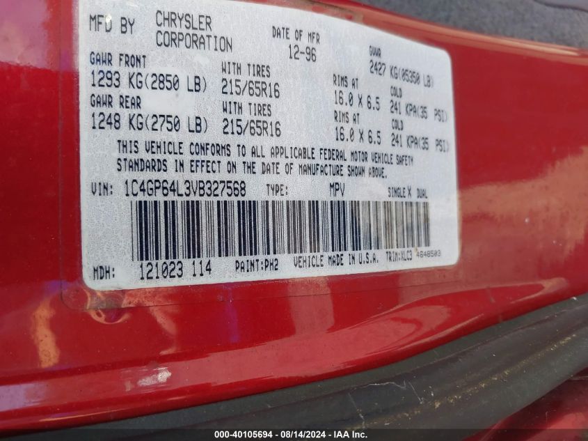 1997 Chrysler Town & Country Lxi VIN: 1C4GP64L3VB327568 Lot: 40105694