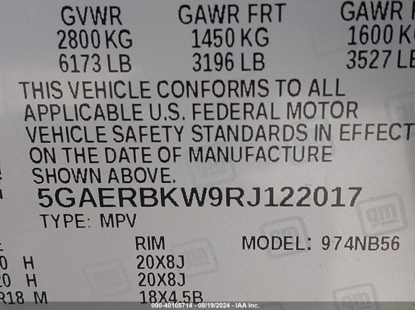 2024 Buick Enclave Essence Fwd VIN: 5GAERBKW9RJ122017 Lot: 40105714