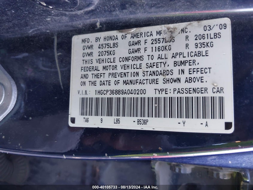 2009 Honda Accord 3.5 Ex-L VIN: 1HGCP36889A040200 Lot: 40105733