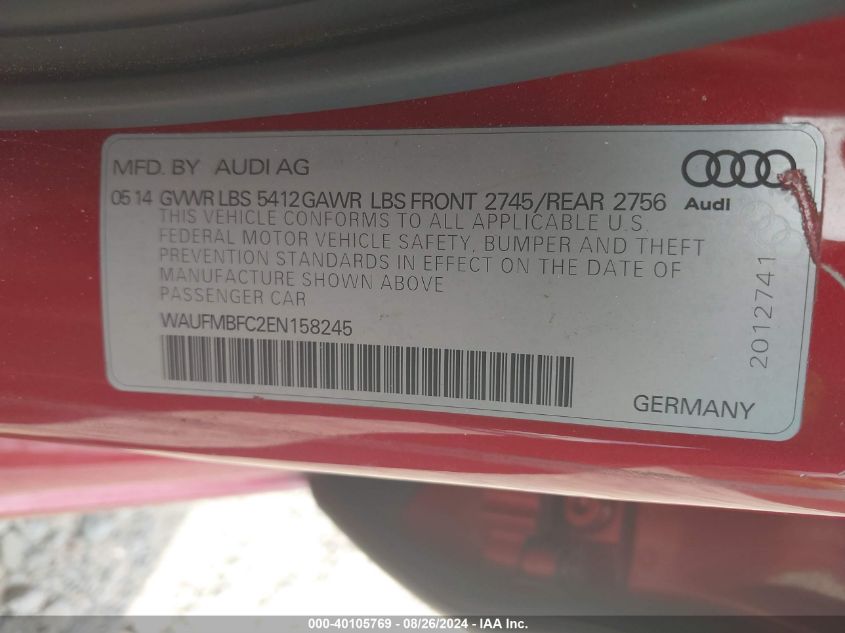 2014 Audi A6 3.0 Tdi Premium Plus VIN: WAUFMBFC2EN158245 Lot: 40105769