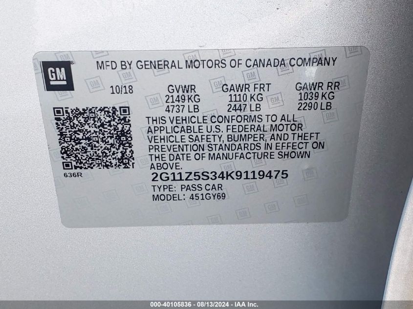 2019 Chevrolet Impala Lt VIN: 2G11Z5S34K9119475 Lot: 40105836