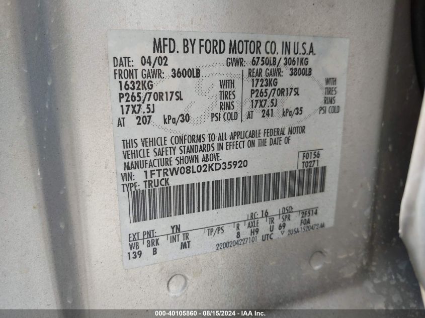 2002 Ford F150 Supercrew VIN: 1FTRW08L02KD35920 Lot: 40105860