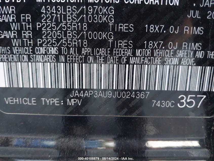2018 Mitsubishi Outlander Sport 2.0 Es/2.0 Le VIN: JA4AP3AU9JU024367 Lot: 40105879