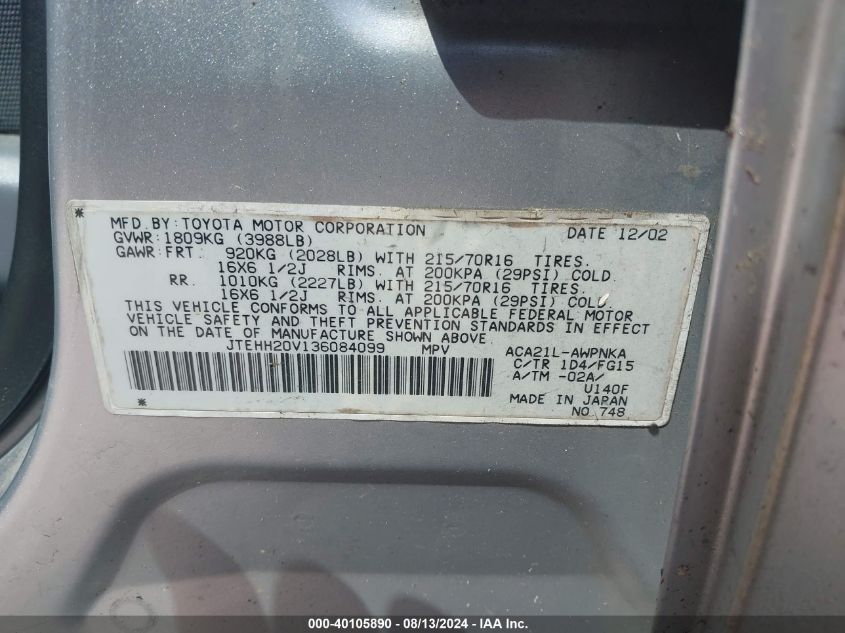 2003 Toyota Rav4 VIN: JTEHH20V136084099 Lot: 40105890