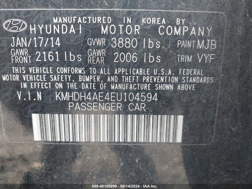2014 Hyundai Elantra Limited VIN: KMHDH4AE4EU104594 Lot: 40105899