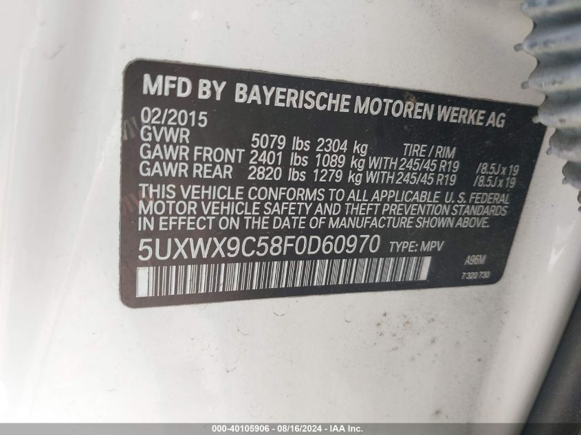 VIN 5UXWX9C58F0D60970 2015 BMW X3, Xdrive28I no.9