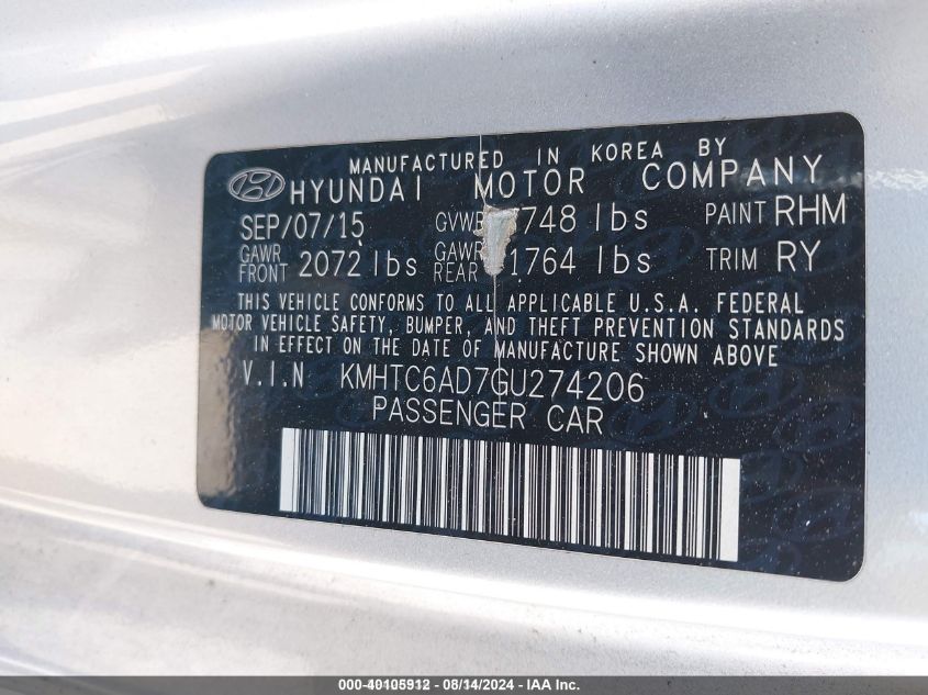 2016 Hyundai Veloster VIN: KMHTC6AD7GU274206 Lot: 40105912