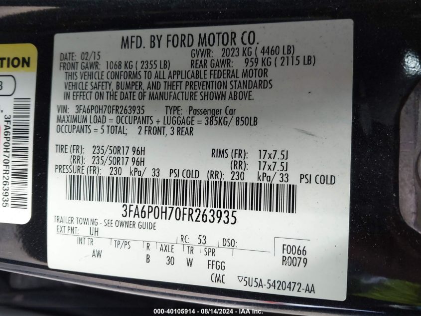 2015 Ford Fusion Se VIN: 3FA6P0H70FR263935 Lot: 40105914