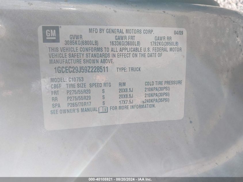 2009 Chevrolet Silverado 1500 Lt VIN: 1GCEC29J59Z228511 Lot: 40105921