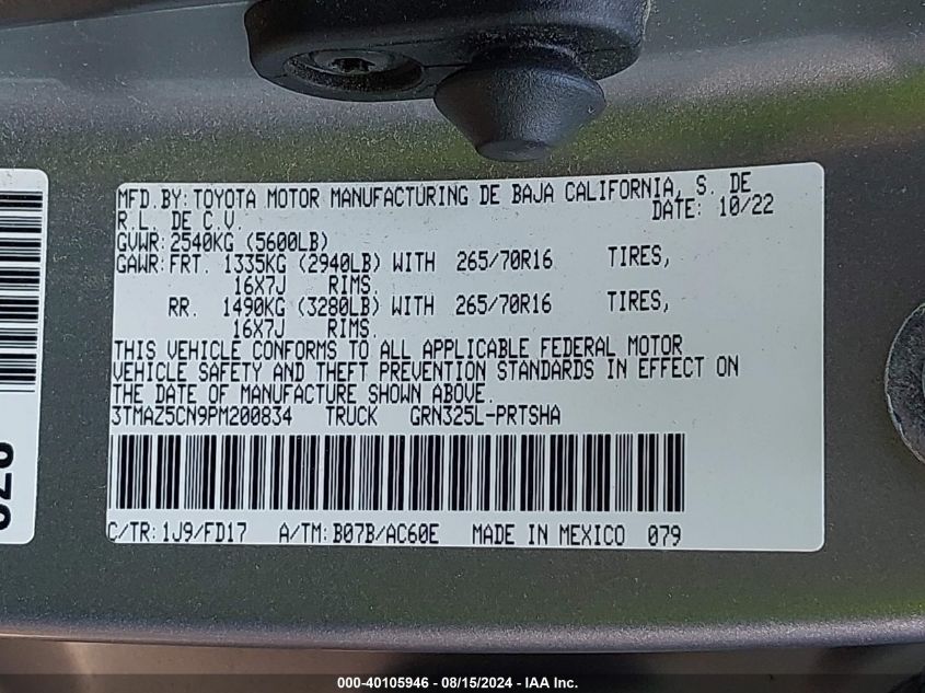 2023 Toyota Tacoma Trd Off Road VIN: 3TMAZ5CN9PM200834 Lot: 40105946