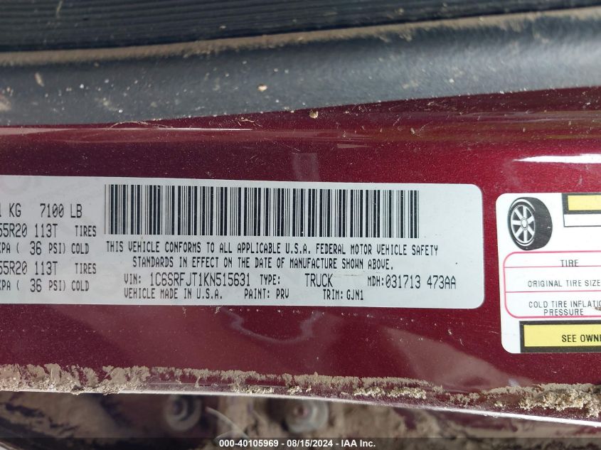 2019 RAM 1500 LARAMIE  4X4 5'7 BOX - 1C6SRFJT1KN515631