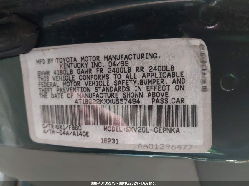 1999 Toyota Camry Ce/Le/Xle VIN: 4T1BG22KXXU557494 Lot: 40105979