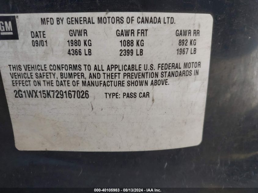 2002 Chevrolet Monte Carlo Ss VIN: 2G1WX15K729167026 Lot: 40105983