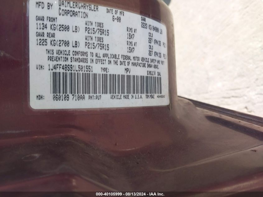 2001 Jeep Cherokee Sport VIN: 1J4FF48S91L501551 Lot: 40105999