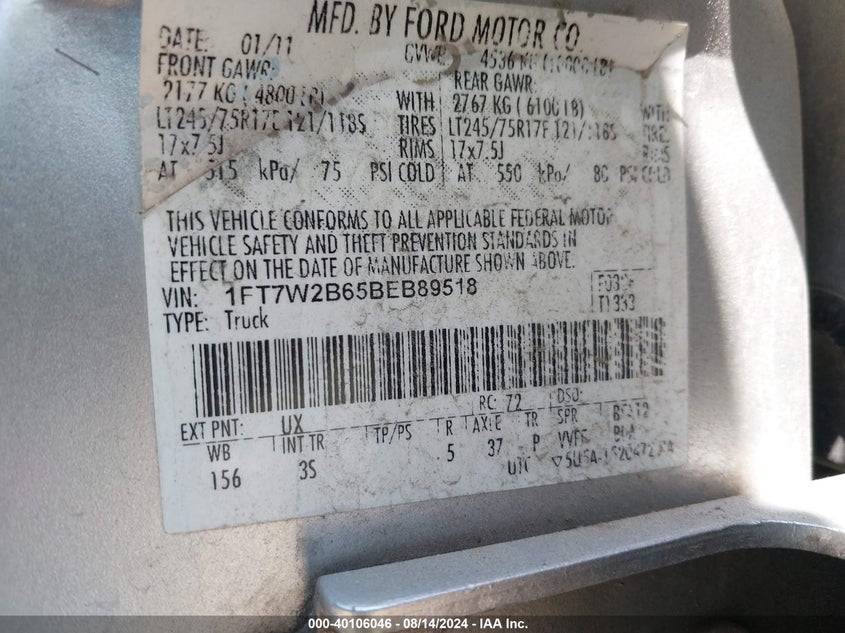 2011 Ford F-250 Xlt VIN: 1FT7W2B65BEB89518 Lot: 40106046