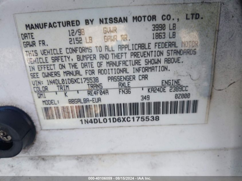 1N4DL01D6XC175538 1999 Nissan Altima Gle/Gxe/Se/Se-L/Xe