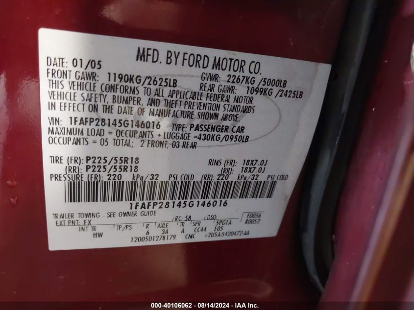 2005 Ford Five Hundred Limited VIN: 1FAFP28145G146016 Lot: 40106062