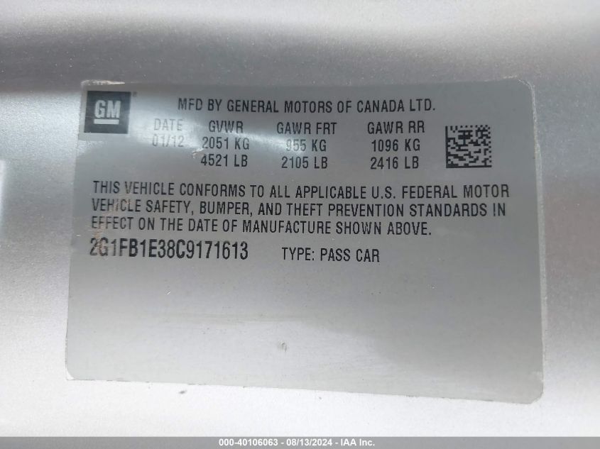 2012 Chevrolet Camaro 1Lt VIN: 2G1FB1E38C9171613 Lot: 40106063