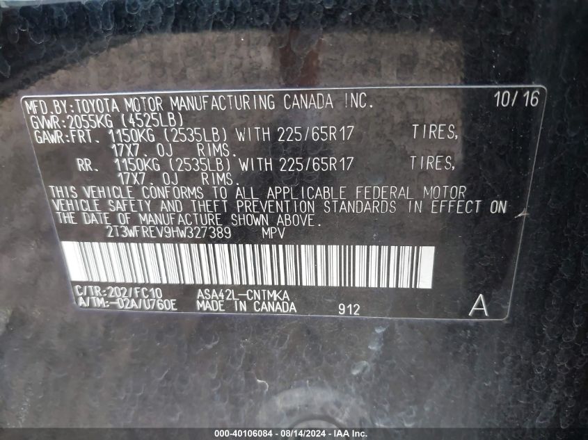 2017 Toyota Rav4 Xle VIN: 2T3WFREV9HW327389 Lot: 40106084