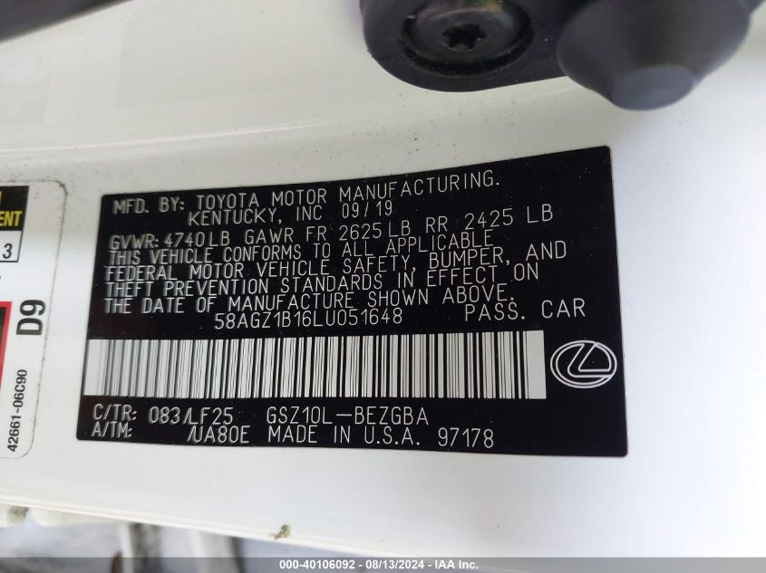 58AGZ1B16LU051648 2020 Lexus Es 350 F Sport