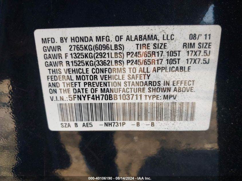 2011 Honda Pilot Ex-L VIN: 5FNYF4H70BB103711 Lot: 40106190