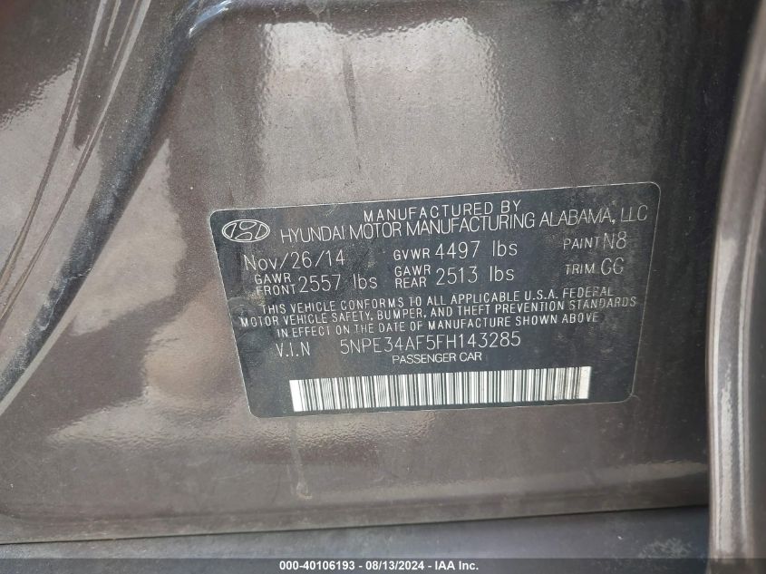 2015 Hyundai Sonata Sport VIN: 5NPE34AF5FH143285 Lot: 40106193