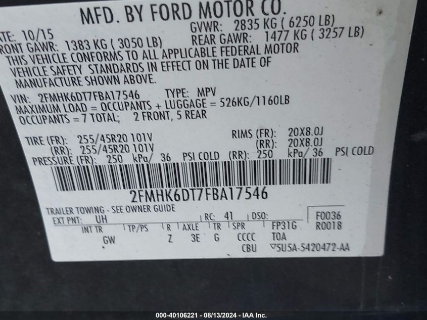 2015 Ford Flex Limited VIN: 2FMHK6DT7FBA17546 Lot: 40106221