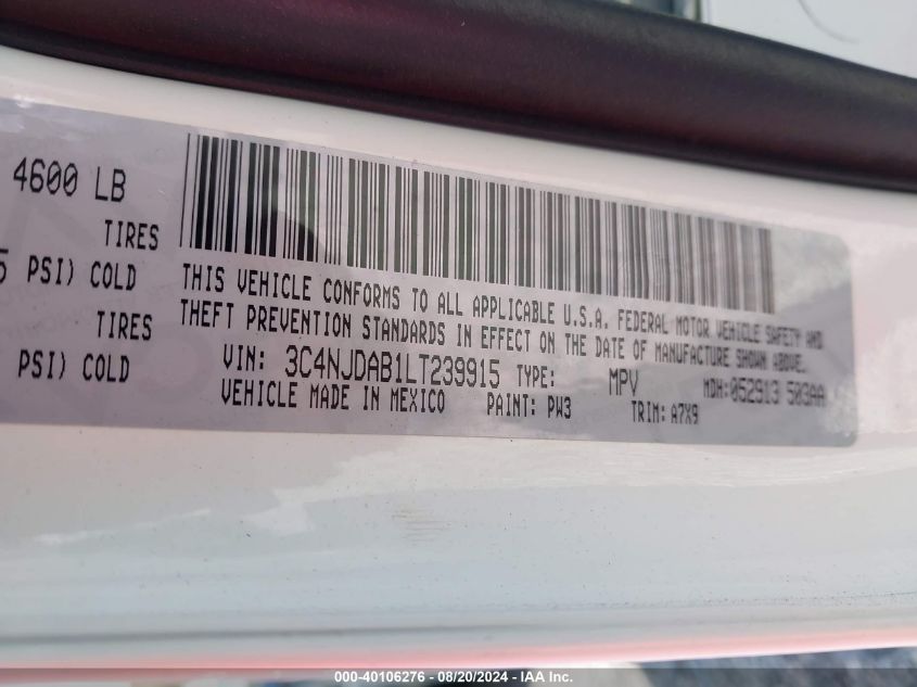 VIN 3C4NJDAB1LT239915 2020 JEEP COMPASS SPORT 4X4